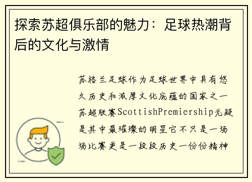 探索苏超俱乐部的魅力：足球热潮背后的文化与激情